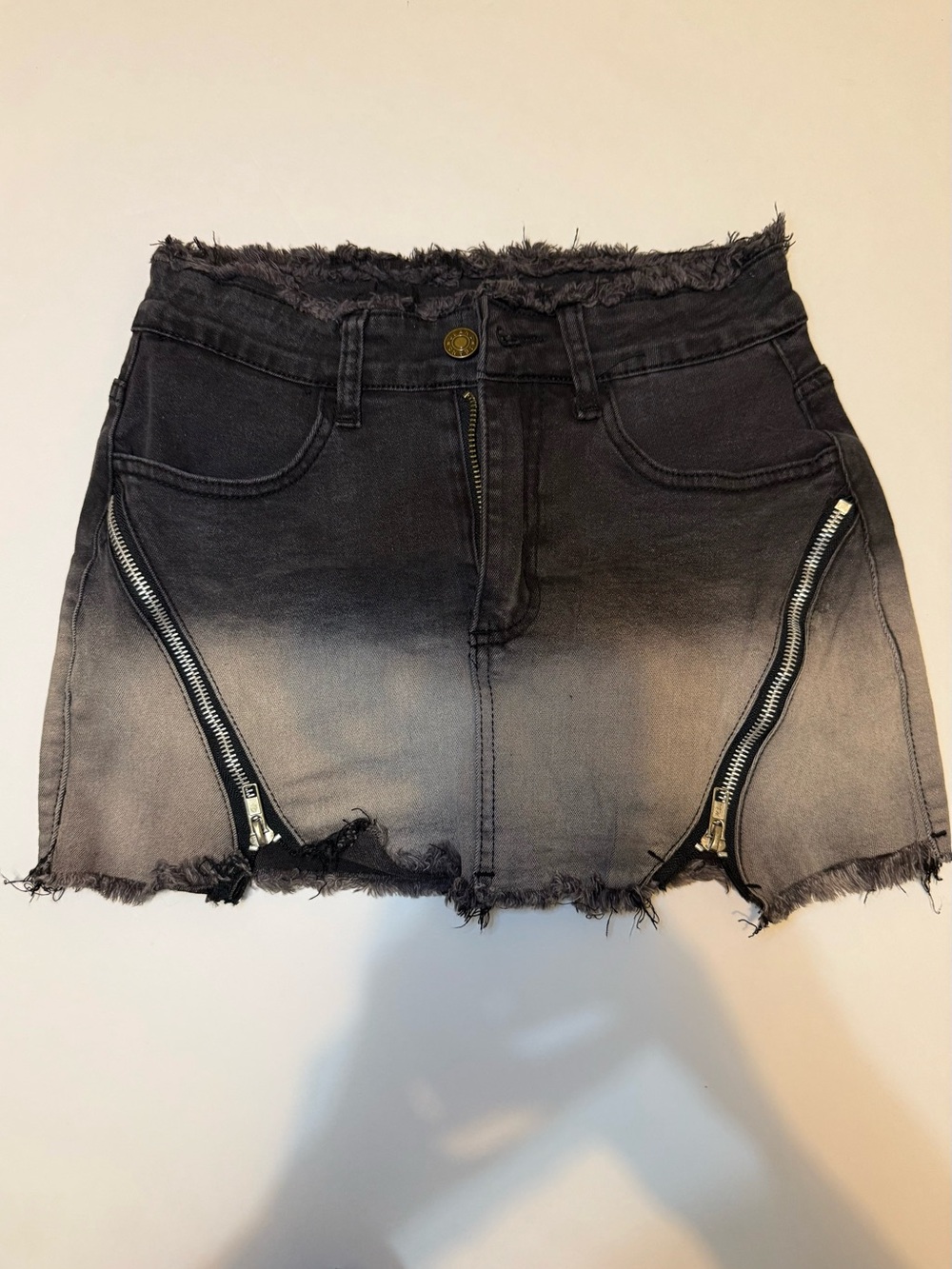 Gray Ombre Distressed Denim Mini Skirt with Zip Details